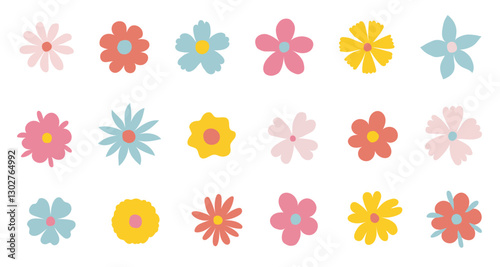 Collection of spring colorful flower elements vector. Set floral of wildflower on white background. Hand drawn blossom flat illustration for decor, easter, thanksgiving, clipart.