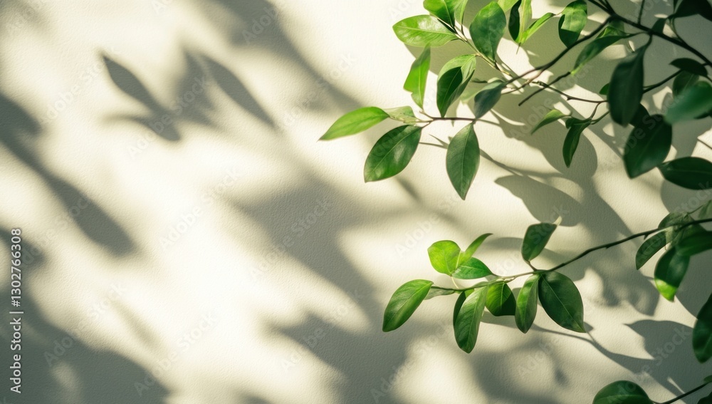 Sunlight casts shadows of green leaves on a light wall. Sunlight casts shadows of green leaves on a light wall.