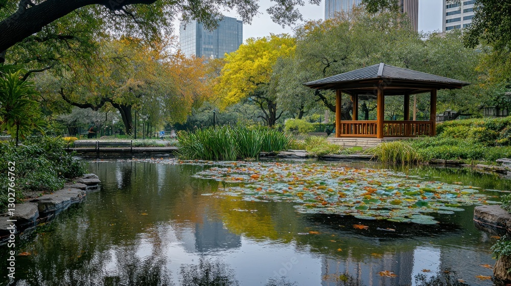 Serene park scene featuring a gazebo by a tranquil pond adorned with blooming lilies and city skyline Serene park scene featuring a gazebo by a tranquil pond adorned with blooming lilies and city skyline