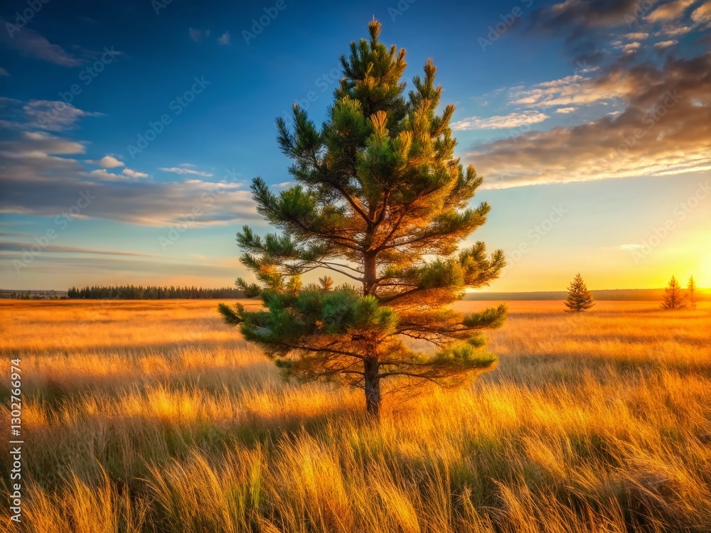 Fototapeta premium Solitary Jack Pine Tree in Open Field, Majestic Conifer in Rural Landscape, Nature Photography