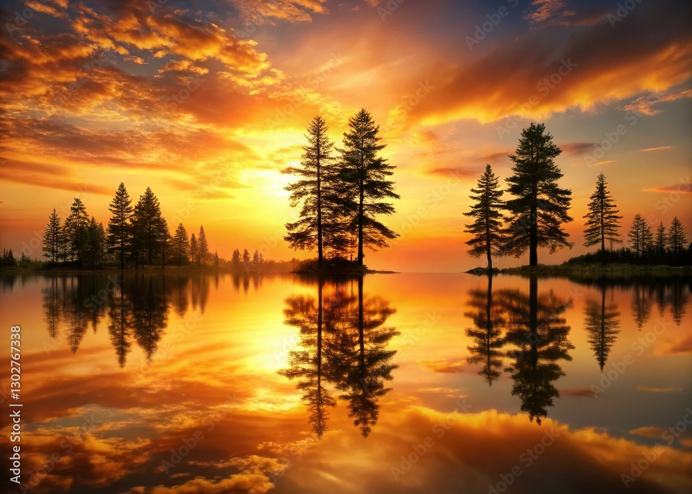 Fototapeta premium Serene Sunset Lake with Ancient Pine Trees - Tranquil Nature Landscape Stock Photo