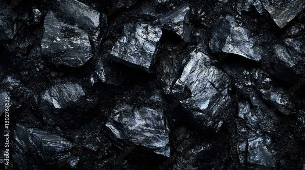 Hyperrealistic coal texture background in high-resolution photography. Detailed black mineral surface with rough, uneven patterns, deep shadows, and rich contrast. Perfect for industrial and natural 