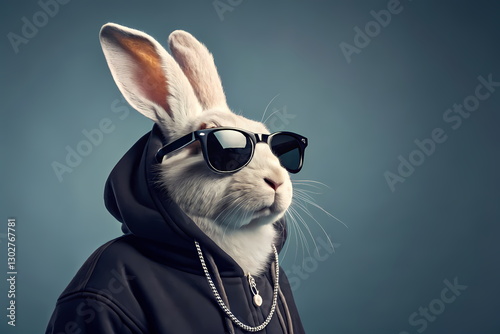 Fototapeta Cool rabbit wearing hoodie and sunglasses with silver chain