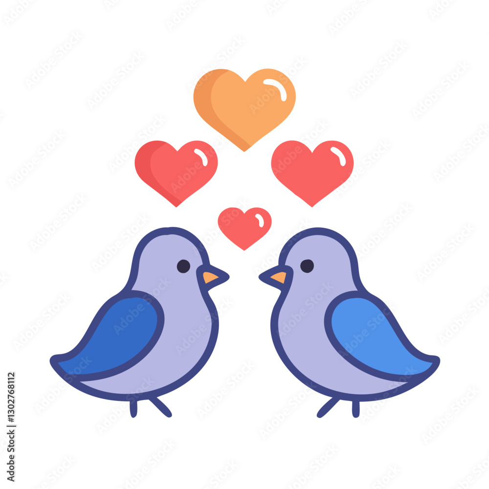 Obraz premium Two cartoon birds facing each other with hearts above their heads, symbolizing love and affection in a playful vector design