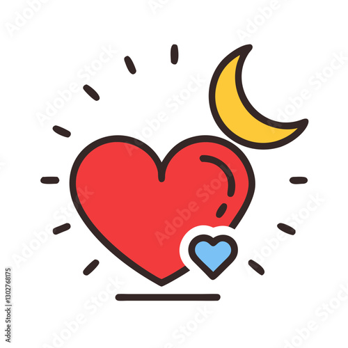 Bright red and blue hearts under a crescent moon with evening rays conveying love and warmth, perfect for romantic themes