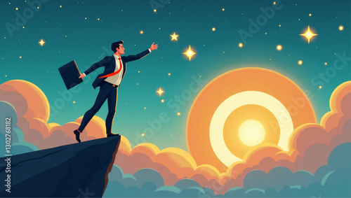 Reaching for the Stars - Ambitious Businessman Striving to Achieve Lofty Goals and Targets