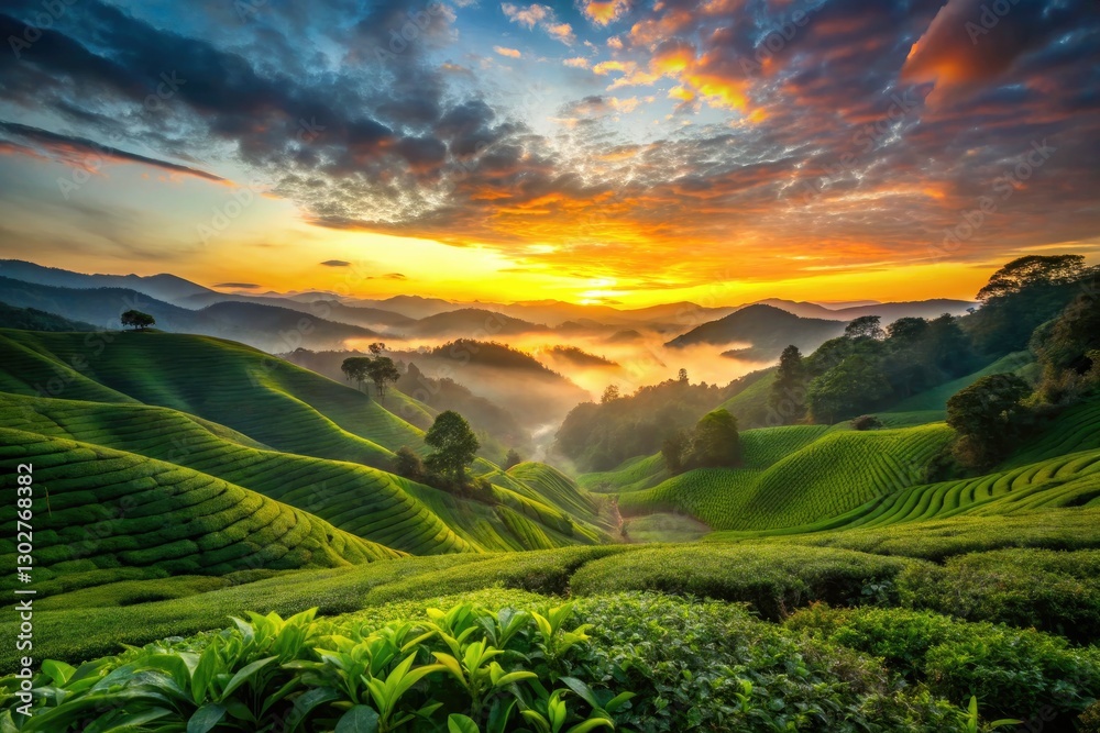 Fototapeta premium Dramatic sunrise paints the Cameron Highlands tea plantations in silhouette, showcasing lush greenery and hillside.
