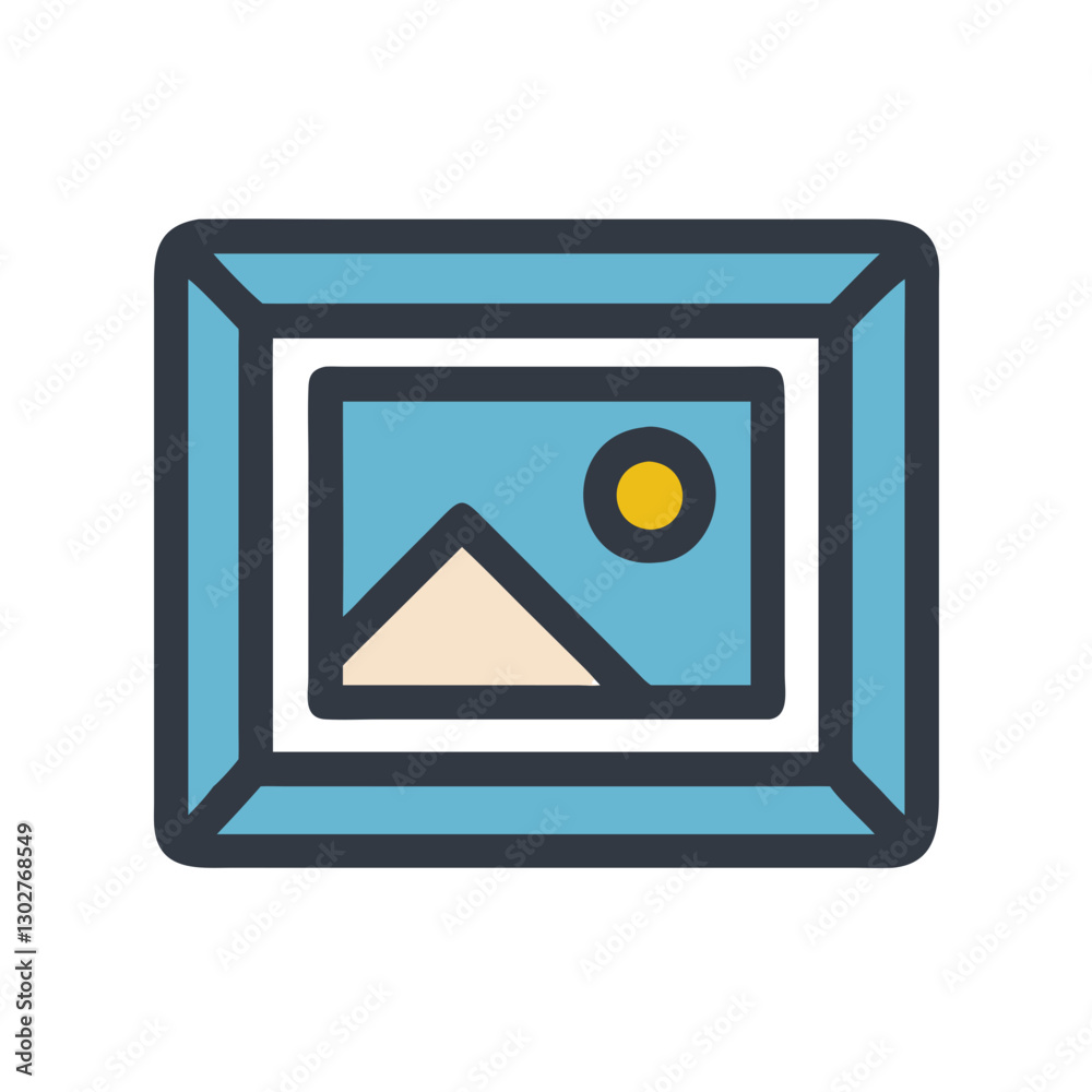 Vector icon of a photo frame showcasing a mountain landscape with a sun in the background, ideal for design projects and digital illustrations Vector icon of a photo frame showcasing a mountain landscape with a sun in the background, ideal for design projects and digital illustrations