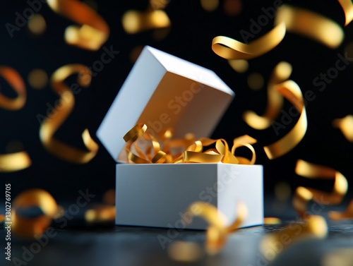 Open gift box with golden ribbons