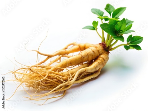 Exquisite tilt-shift macro photography reveals the delicate beauty of a ginseng root against a pristine white background.