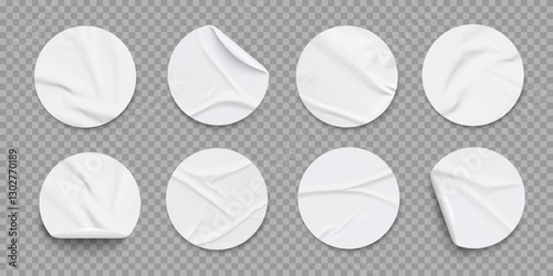 Round realistic white paper stickers with folds