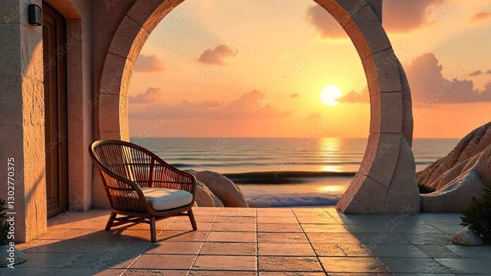  A wicker chair in front of an arch overlooking the ocean