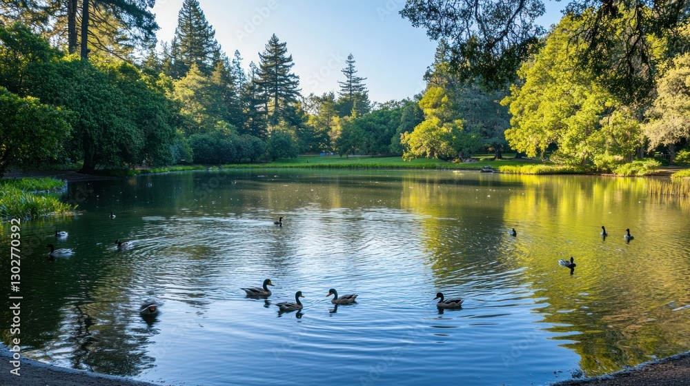 Fototapeta premium Serene park scene featuring ducks swimming in a tranquil pond surrounded by lush greenery