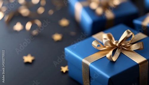 Dark Blue Gift Boxes with Gold Ribbon
