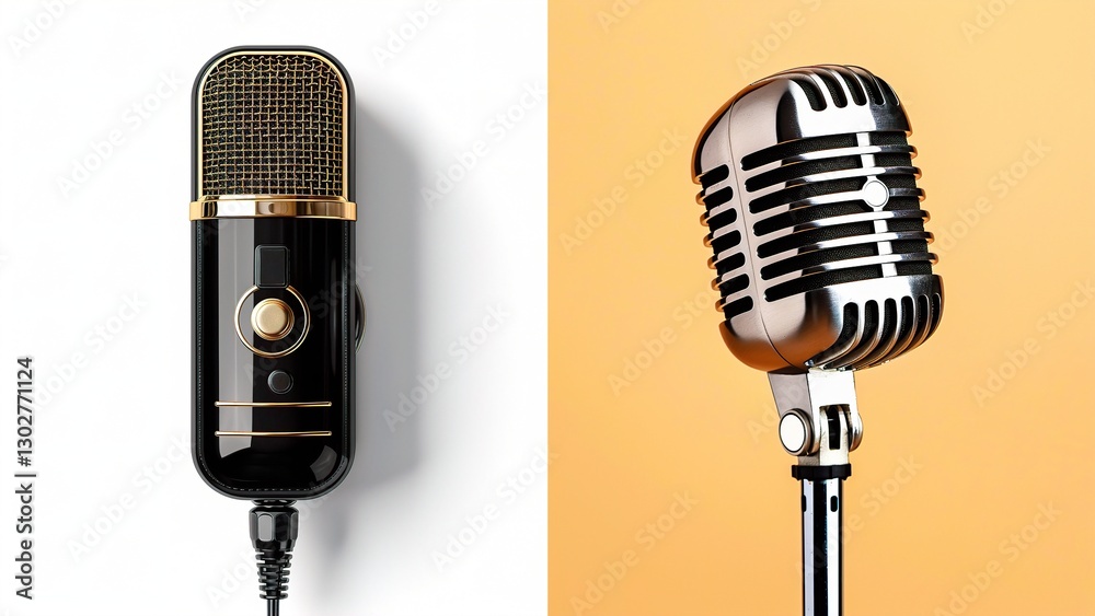 Fototapeta premium Two distinctive microphones showcasing different styles: a modern black microphone and a vintage silver microphone. generation comparison, old vs new age