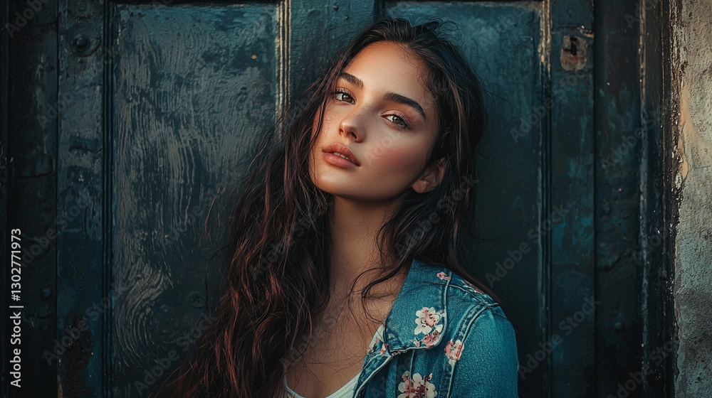 Naklejka premium Beautiful young woman with long brown hair posing against a dark wooden door background girl eyes