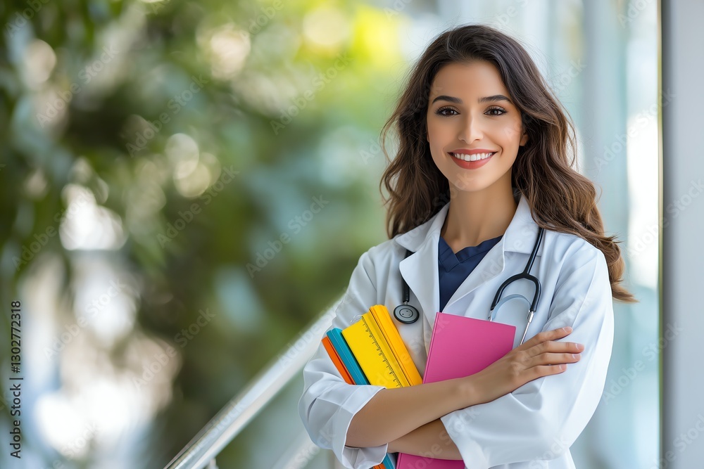 A confident young woman wearing a white lab coat stands with arms crossed, smiling warmly A confident young woman wearing a white lab coat stands with arms crossed, smiling warmly