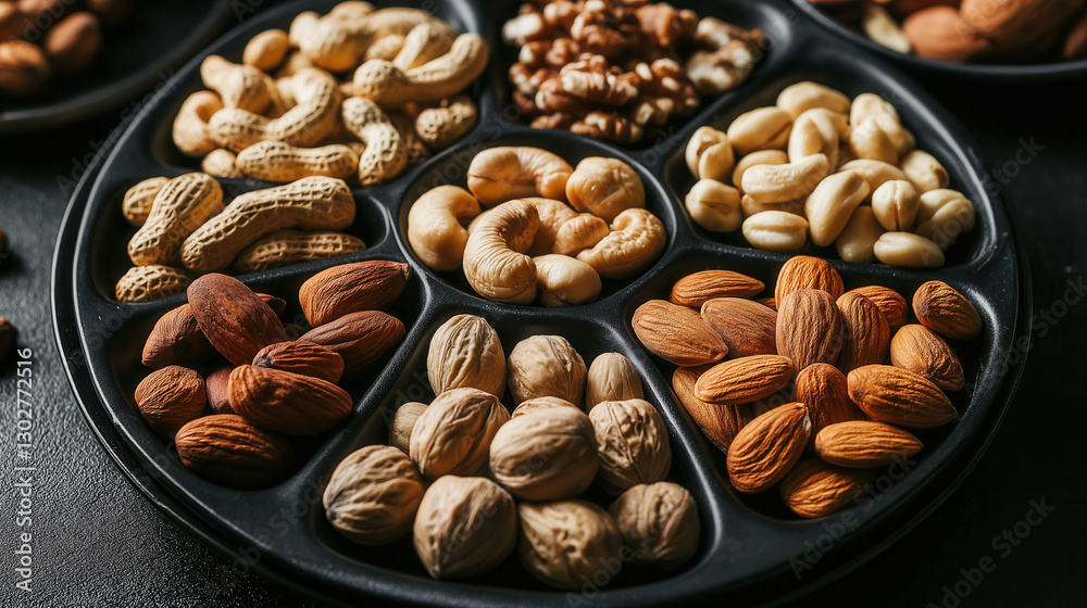 A black sectional plate filled with an assortment of nuts A black sectional plate filled with an assortment of nuts