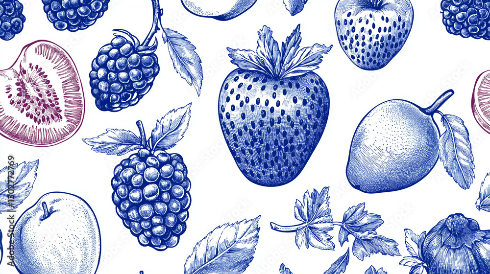 Seamless hand drawn fruit pattern. Blue and white. Vintage vector illustration. Seamless hand drawn fruit pattern. Blue and white. Vintage vector illustration.