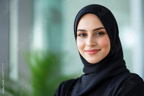 Smiling woman in hijab, modern business, office background photo
