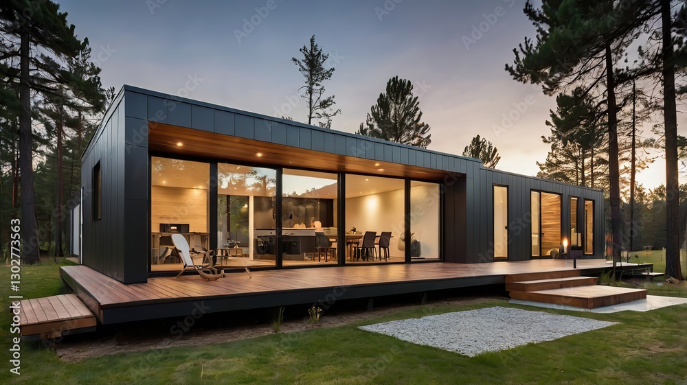 Ultra-modern prefab house with modular design, sleek aluminum exterior, and a stylish wooden deck Ultra-modern prefab house with modular design, sleek aluminum exterior, and a stylish wooden deck