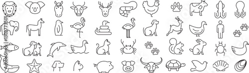 ベクターでモノクロの動物に関する線画アイコンセット