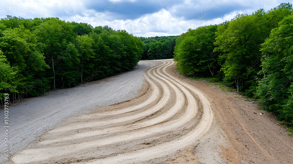 Fototapeta premium Curved dirt track construction rural area aerial image natural environment overhead view engineering concept
