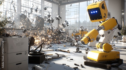 Chaos in the Office, Robot Malfunction Leads to Destruction and Debris