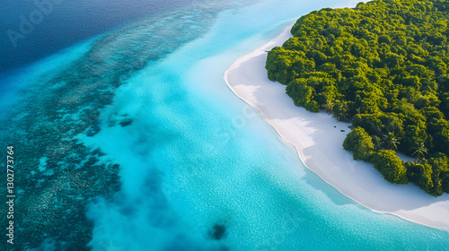 Aerial view of an atoll with stunning beaches and shallow blue waters, a paradise on Earth