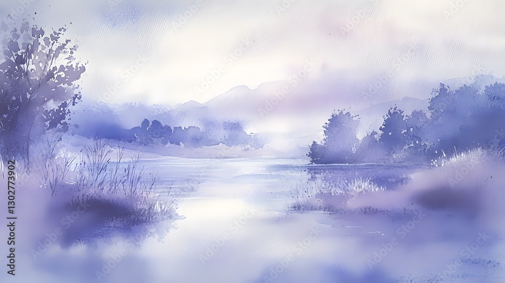 Fototapeta premium Serene Watercolor Landscape of Blue Misty Lake and Mountains