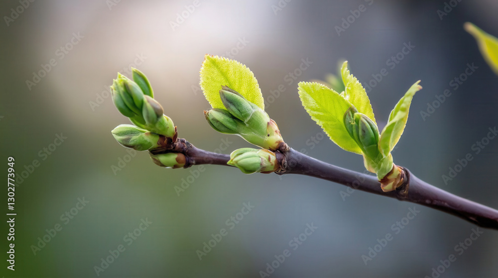 Tender new buds and bright green leaves sprouting from a branch Tender new buds and bright green leaves sprouting from a branch