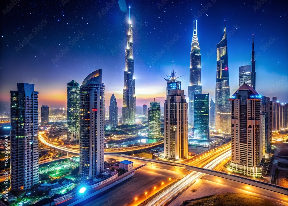 Fototapeta premium Stunning Night View of Dubai Skyline, Cityscape Panorama, Illuminated Buildings, Modern Architecture