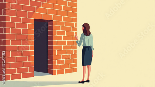 Woman Facing Brick Wall Blocking Open Door, Concept of Business Challenges and Obstacles