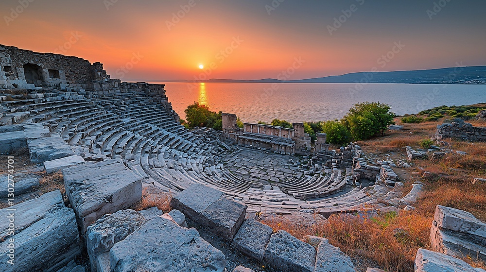 Naklejka premium Ancient theater ruins at sunset overlooking calm sea.