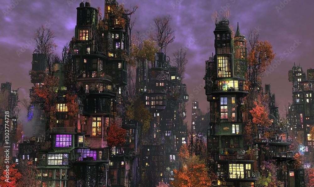 Obraz premium Futuristic overgrown city at dusk, glowing windows, autumn foliage, fantasy cityscape