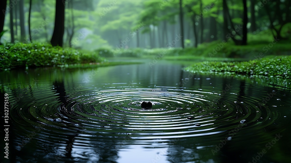 Fototapeta premium Serene forest stream ripples, misty green trees background, nature peace.