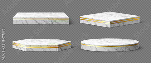 Showcase marble podium stages with golden frames, vector product displaying. Realistic 3d geometric platforms, display stands or pedestals with marble pattern. Modern podiums on transparent background