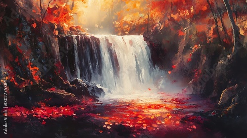 Autumn Waterfall Scene In A Red Forest