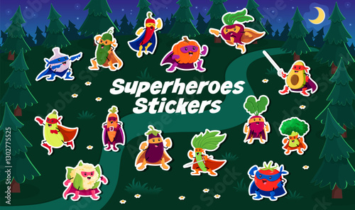 Cartoon superhero vegetable characters stickers pack, vector comic personages. Funny cucumber and tomato superhero with pumpkin superman and spinach defender with zucchini guardian in power mantle