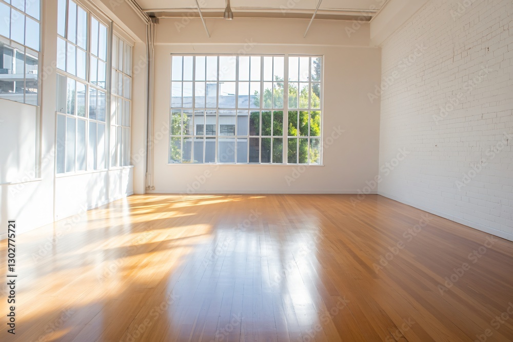 Fototapeta premium Empty loft room with large windows, natural light