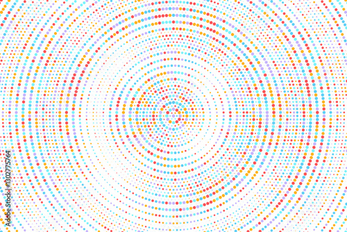 Radial multicolor halftone gradient background. Random dotted concentric texture with fading effect. Colorful circle shade wallpaper. Grunge rough vector. Random dotted backdrop.