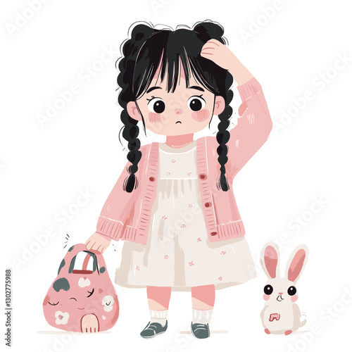 A cute little girl in a pink cardigan and white dress, with black hair in two braids down her back, and dark brown eyes, has her hand on her head as if tying up her hair. She is holding an animal-shap