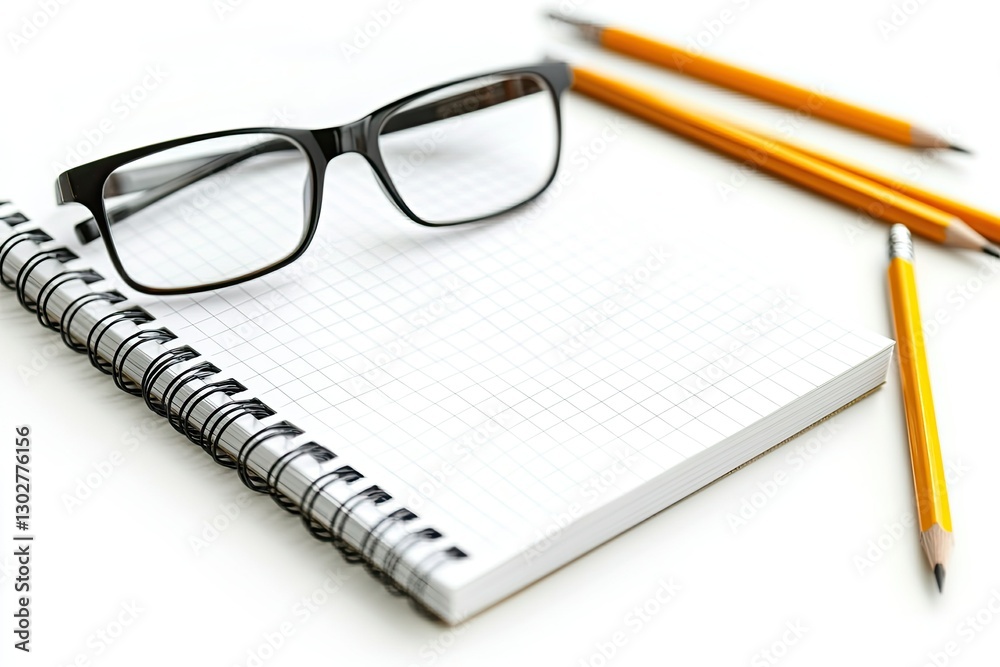 Flawless Visual of White Office Desk with a Notebook and Pencils, Glasses Flawless Visual of White Office Desk with a Notebook and Pencils, Glasses