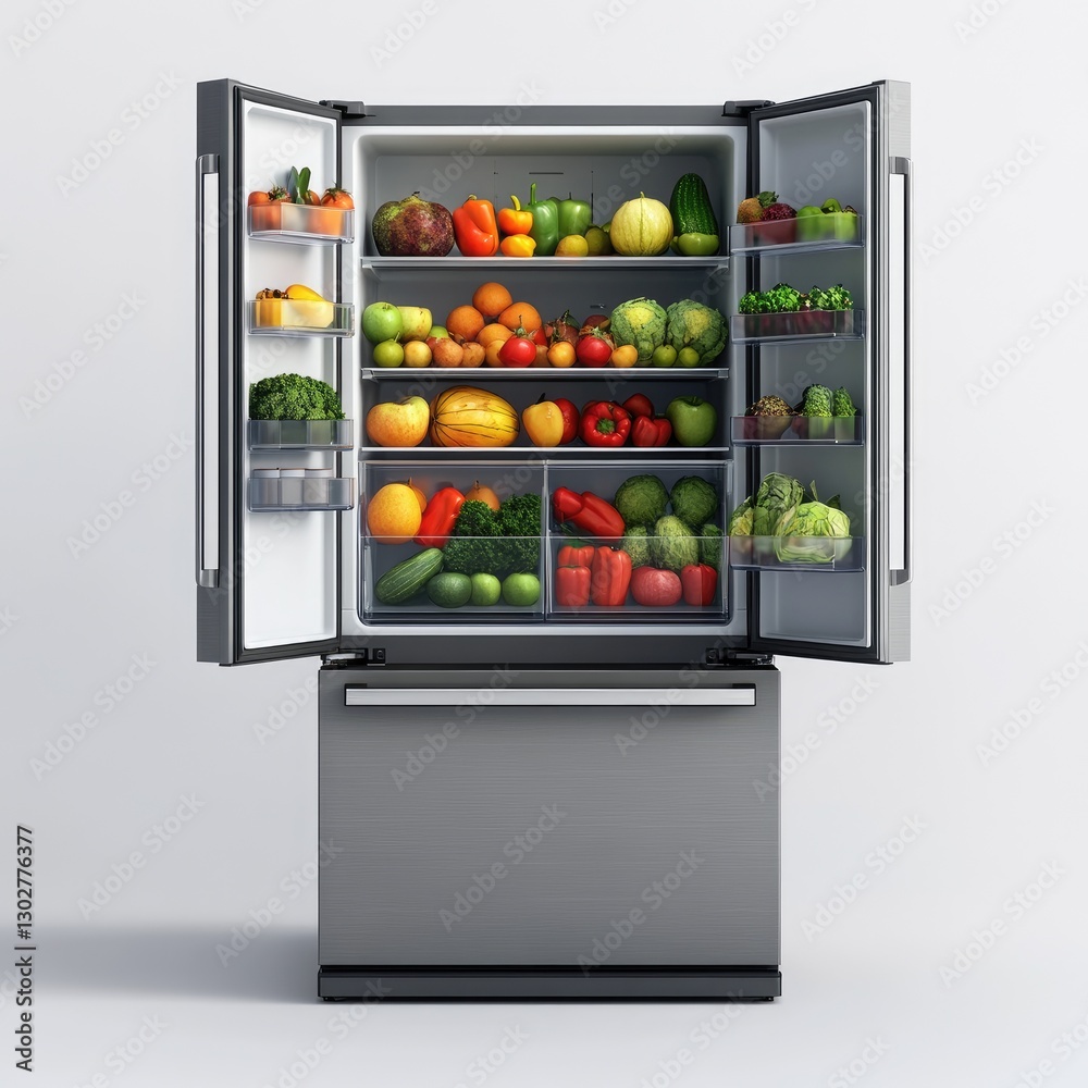 Open refrigerator filled with fresh fruits and vegetables, studio shot Open refrigerator filled with fresh fruits and vegetables, studio shot