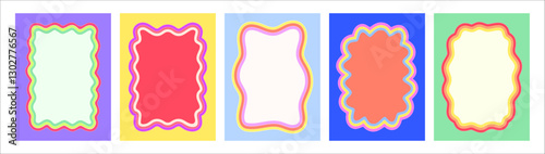 Y2k color scallop wavy frames with rectangle shape wave border lines and retro groovy zigzag pattern edges for vector text box, banner or label. Y2k frame borders with color scalloped, squiggly edges