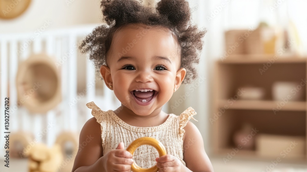 Happy Baby with Curly Hair Playing with Toy in Cozy Room Happy Baby with Curly Hair Playing with Toy in Cozy Room
