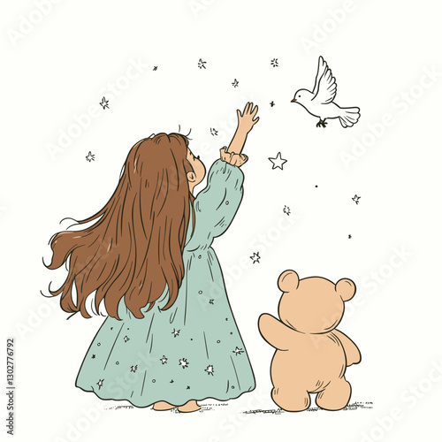 A girl with long brown hair in an oversized dress and her teddy bear, reaching up to the sky where there is one white dove flying away from them.