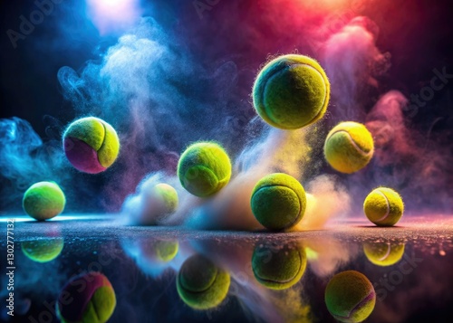 Misty night's long exposure captures surreal tennis; floating orbs against a dark canvas.