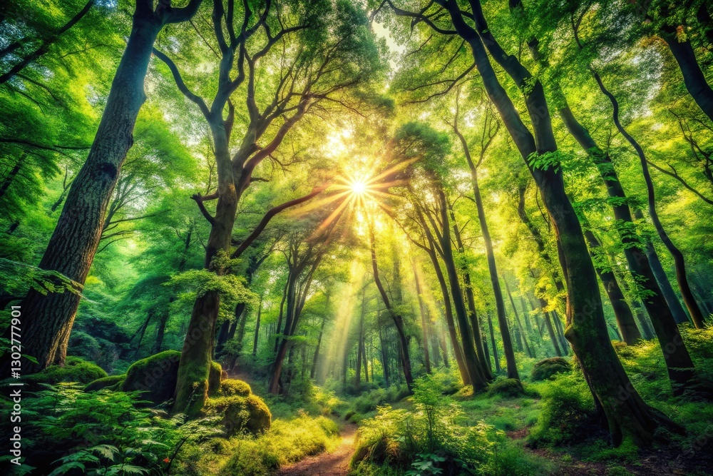Obraz premium Mystical woods bathed in vintage sunlight; lush green trees in a retro enchanting forest scene.