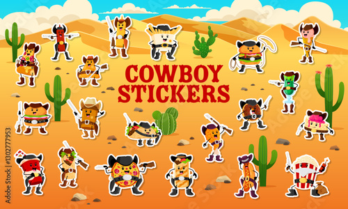 Cartoon fast food ranger and cowboy, sheriff and bandit characters stickers, vector pack. Wild West stickers of Western fast food cheeseburger cowboy, hot dog and pizza sheriff with taco bandit ranger